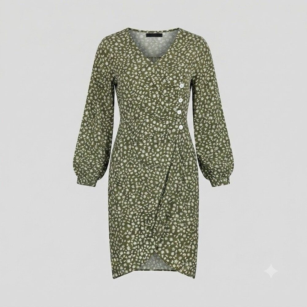 Women's Olive Green Floral Long Sleeve Faux Wrap Midi Dress with Button Detail M